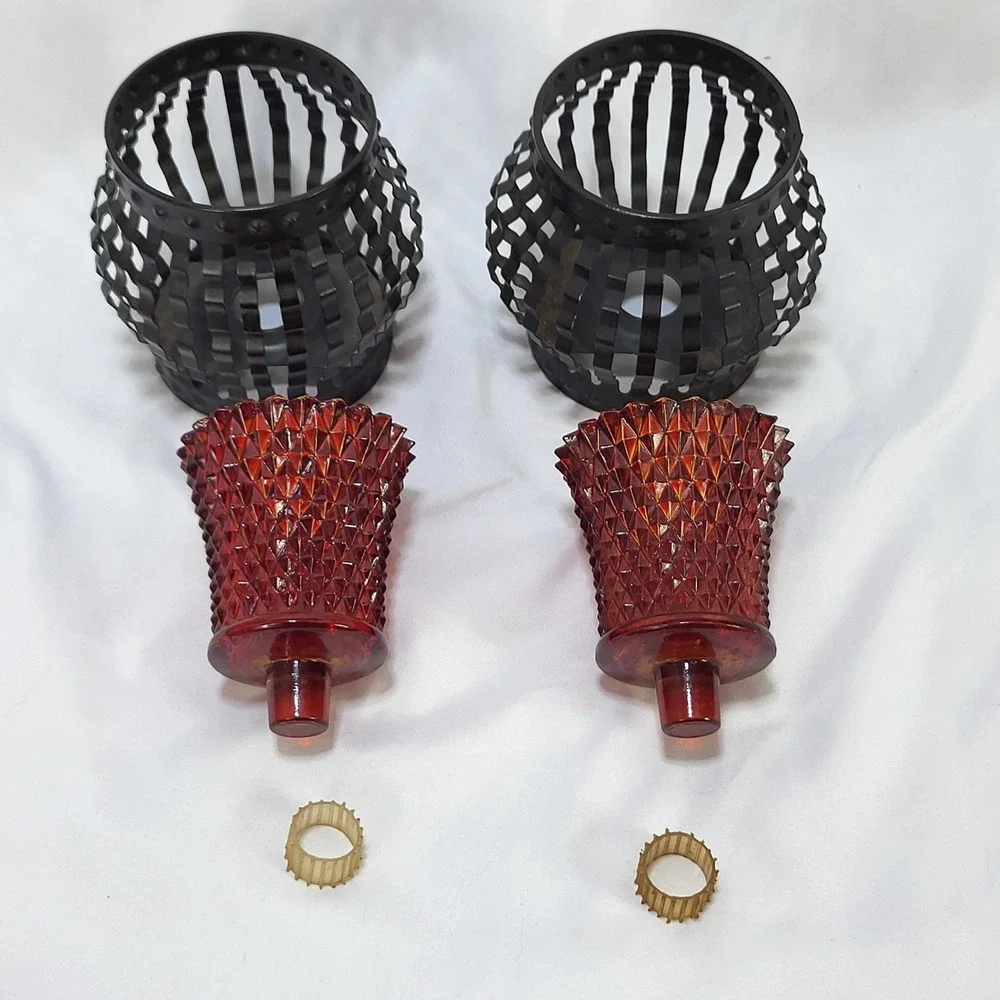 Vintage Ruby Red Diamond Point Glass Peg Votive Candle Holders Metal Cage Set 2